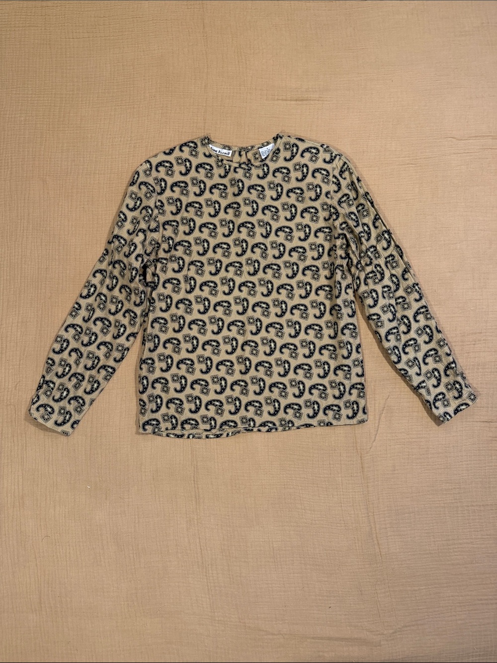 Anne Klein II Vintage Silk Black/Tan Paisley Patterned Blouse with Shoulder Pads